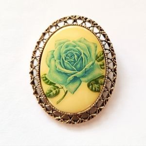 MILK GLASS BLUE GREEN ROSE TRANSFER PIN BROOCH - VINTAGE